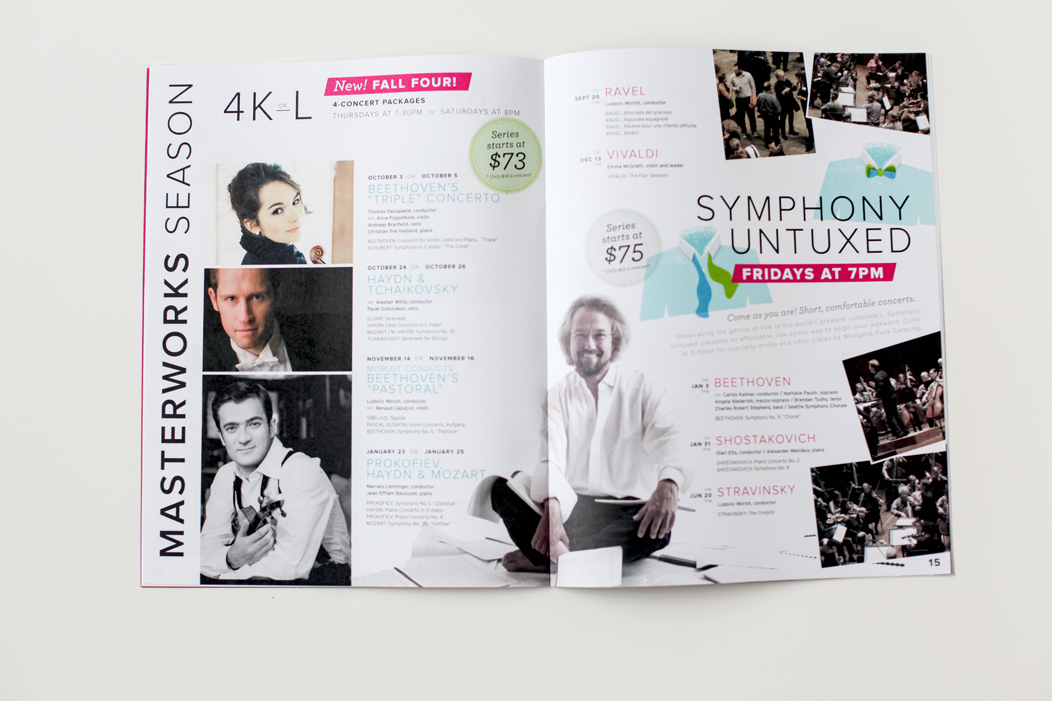 Seattle Symphony's 1314 season second brochure #brochure  |  Art direction and design by Iwona Konarski, www.iwonak.com  | #print #layout #typography #catalogue #modern #bright #inspiring