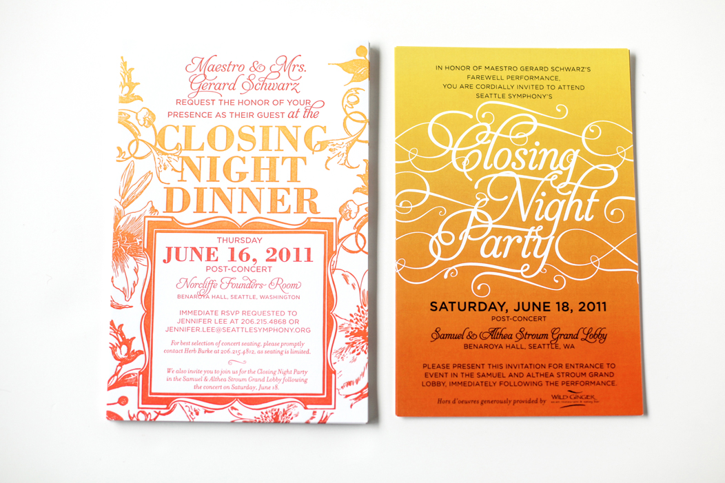 2011 Closing Night gala invitation and ombre save the date / split ink fountain letterpress invitation. #iwonak #letterpress #splitink #ombre #corporateinvitation