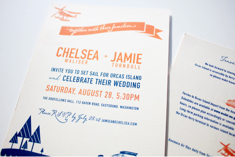Nautical wedding invitations in blue and orange color palette | Illustration and design by Iwona Konarski #wedding #invitation #design #stationery #details #nautical #iwonak.com