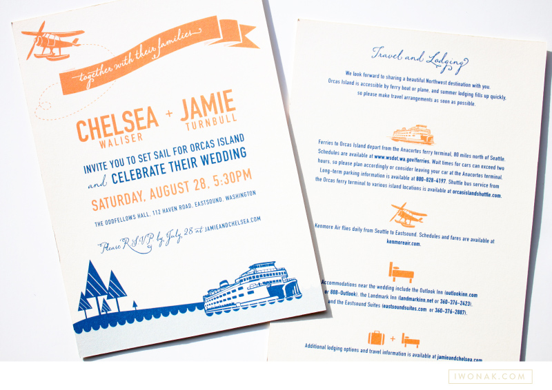 Nautical wedding invitations in blue and orange color palette | Illustration and design by Iwona Konarski #wedding #invitation #design #stationery #details #nautical #iwonak.com