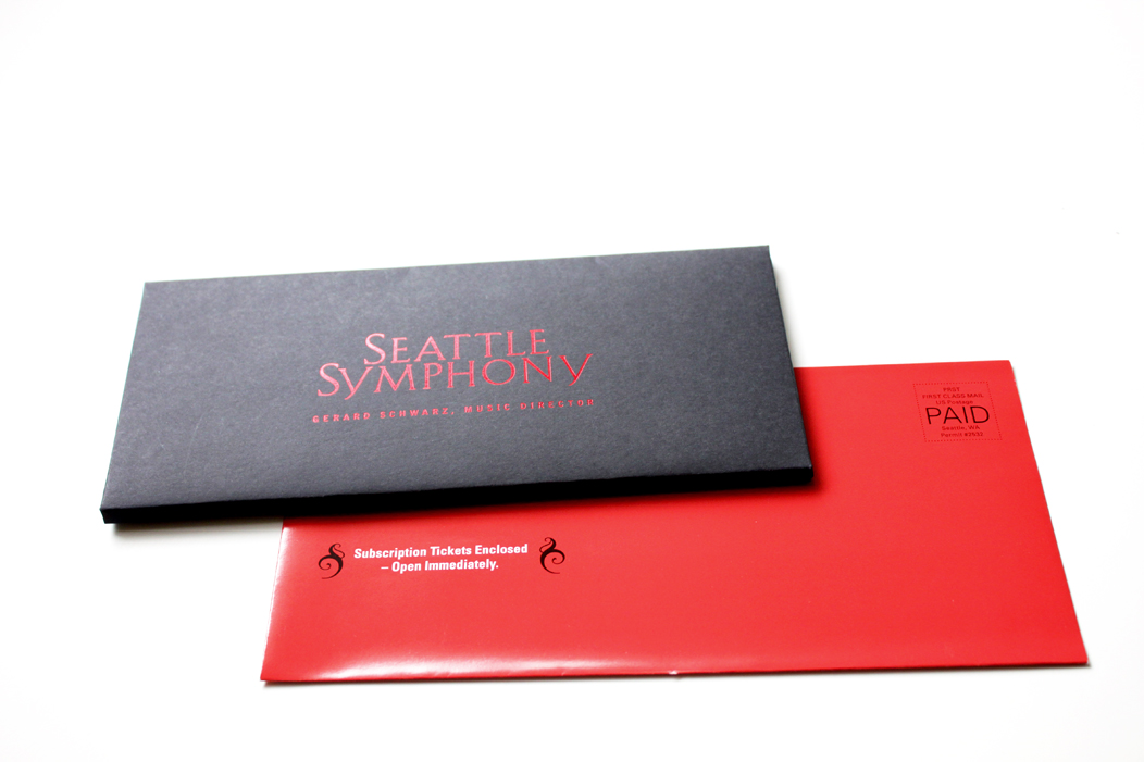 Amazing! Red foil on black stock| Season Tickets Packaging|  beautiful season ticket packets for Seattle Symphony  |   www.iwonak.com