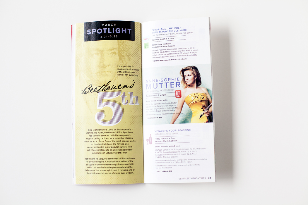 1213 Season Seattle Symphony Single Ticket Brochures   |   Art Direction and Design by Iwona Konarski   |  #listenboldly #graphicdesign #typography #watercolor #bold #layout #catalog #print #branding #spread |   www.iwonak.com 
