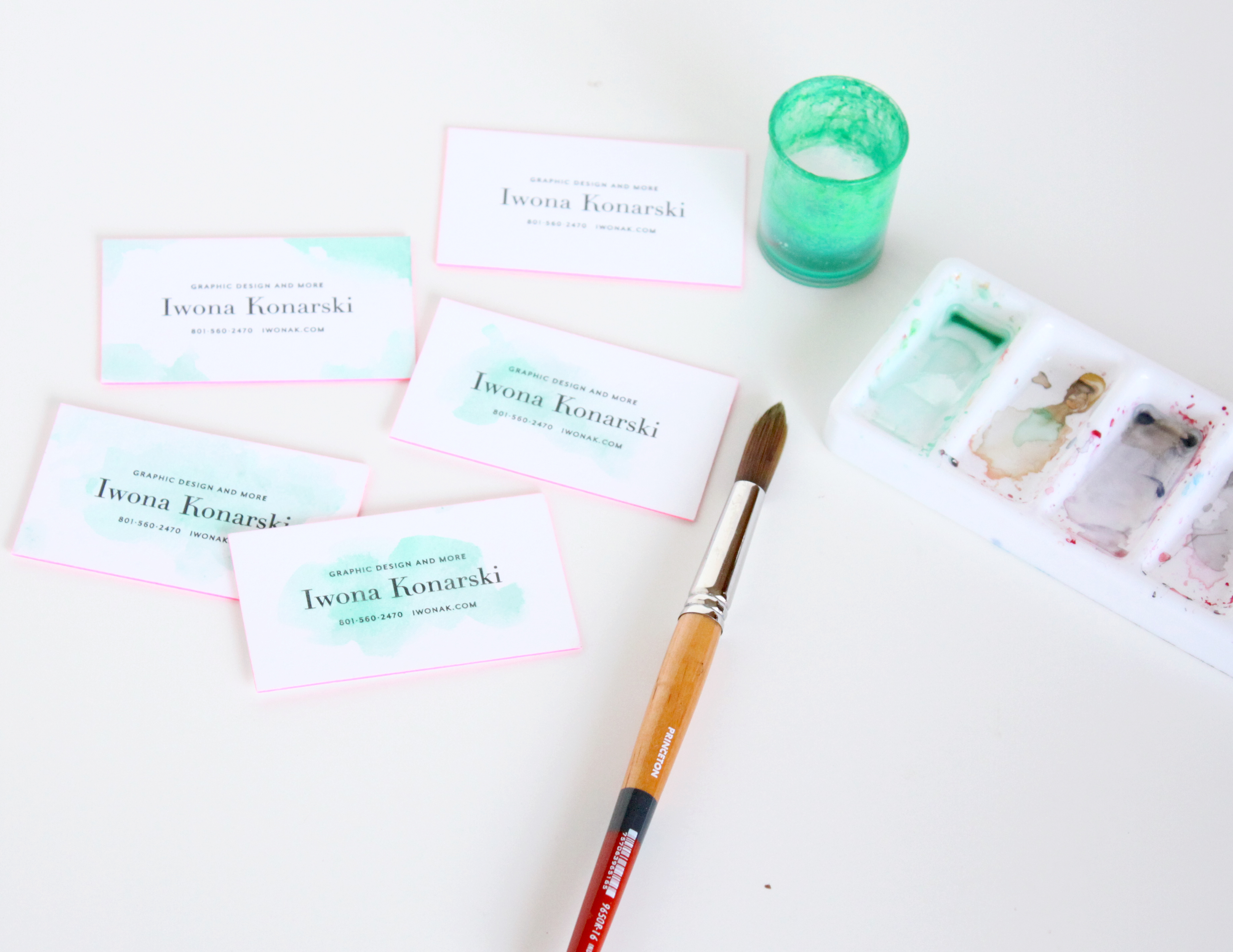 Letterpress + Watercolor + pink edge business cards | Design by IwonaK.com