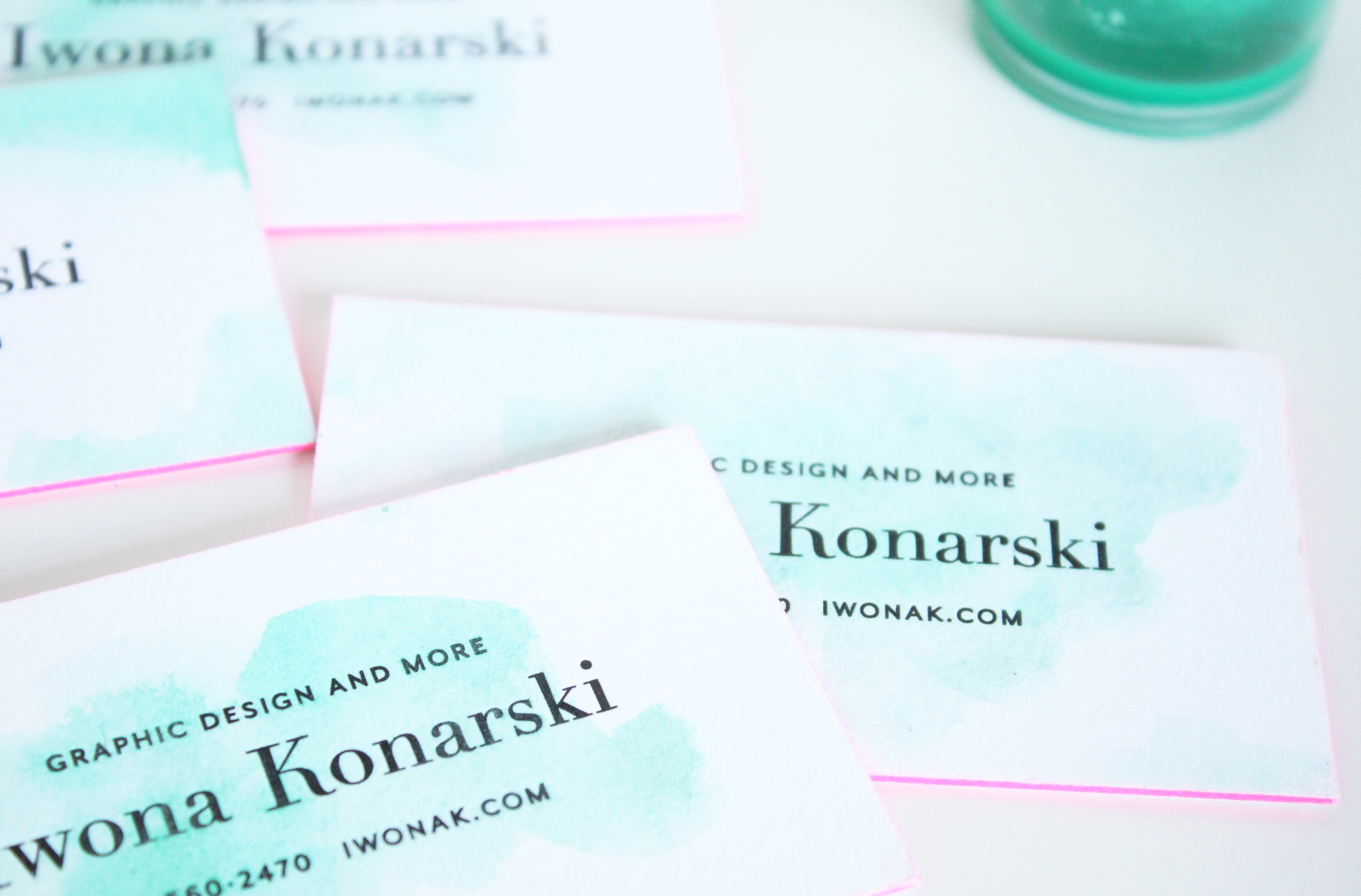 Letterpress + Turquoise Watercolor + pink edge business cards | Design by IwonaK.com