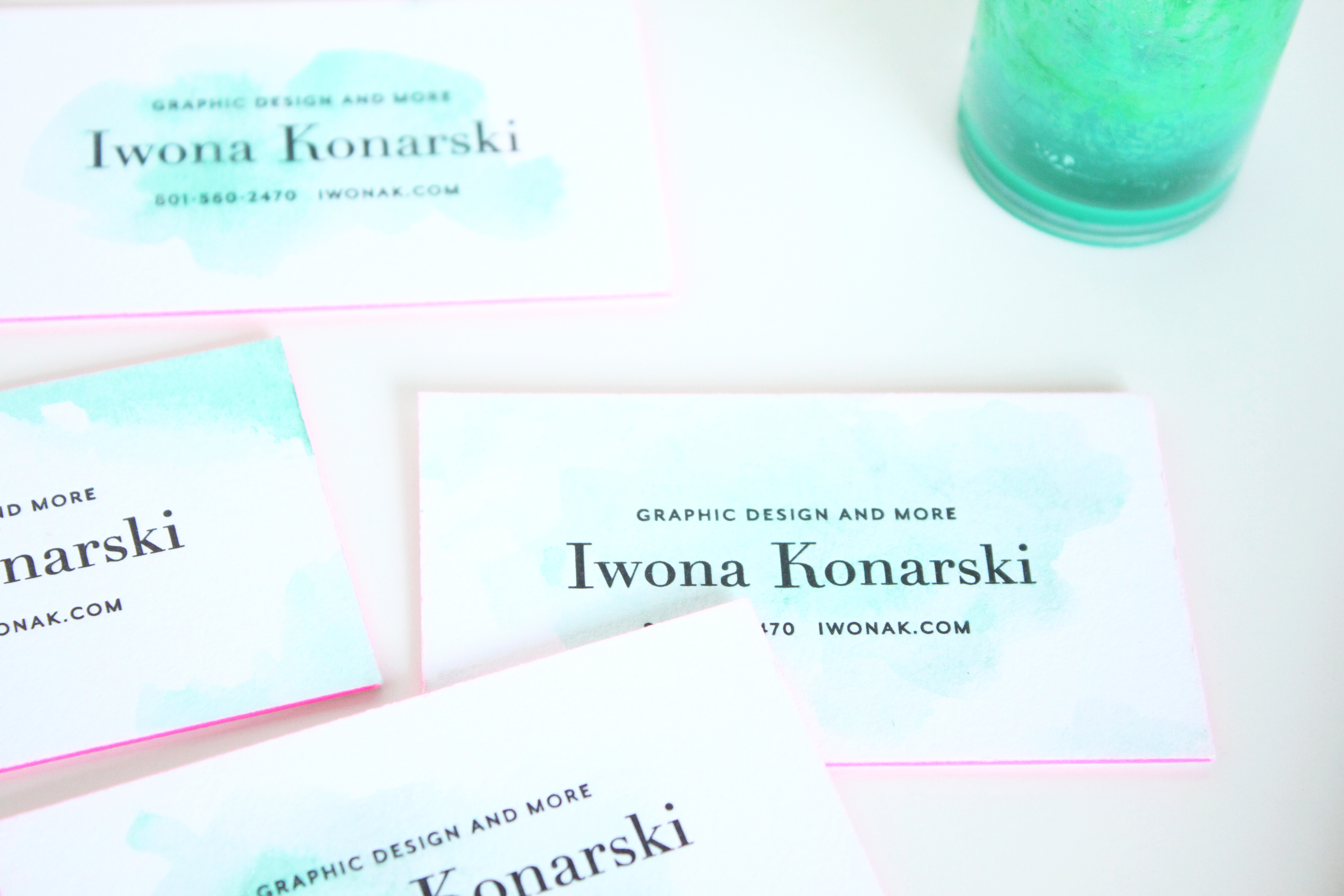 Letterpress + Watercolor + pink edge business cards | Designed by IwonaK.com