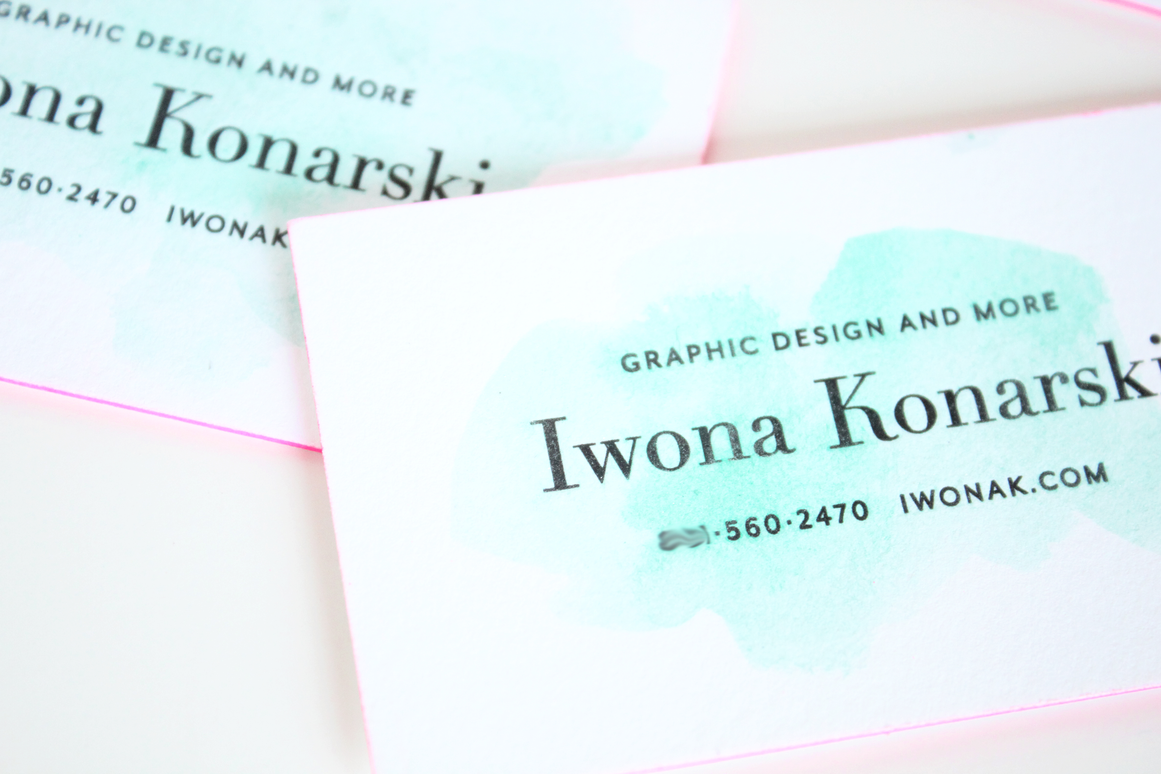 Watercolor + pink edge letterpress business cards | Design by IwonaK.com